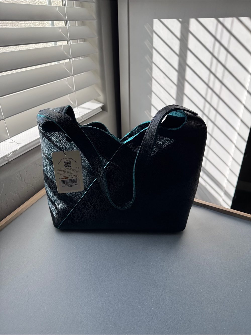 Portland Leather Black Shoulder Bag with Teal Interior - Picture 5 of 11